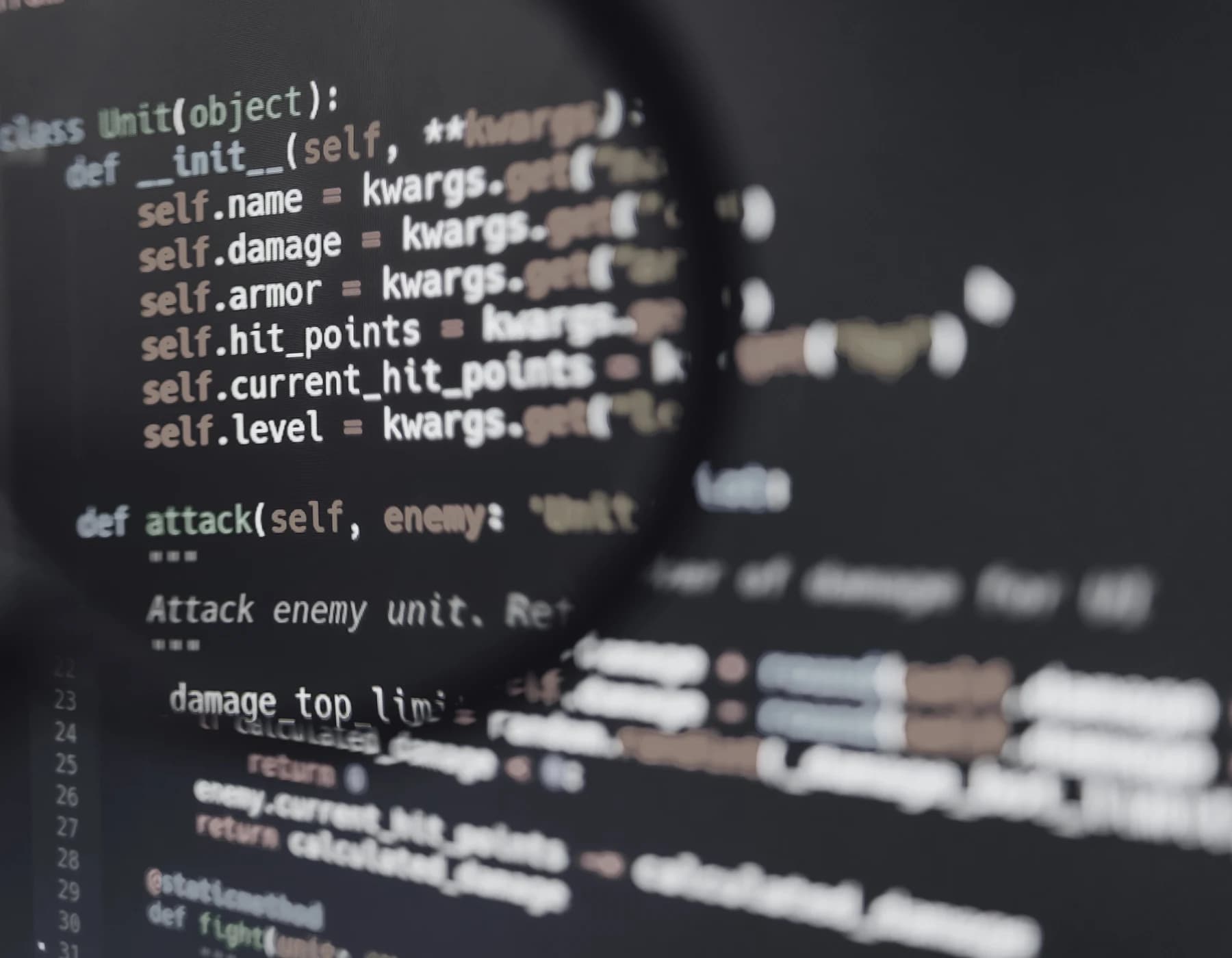 Source code magnified on a developer's screen.