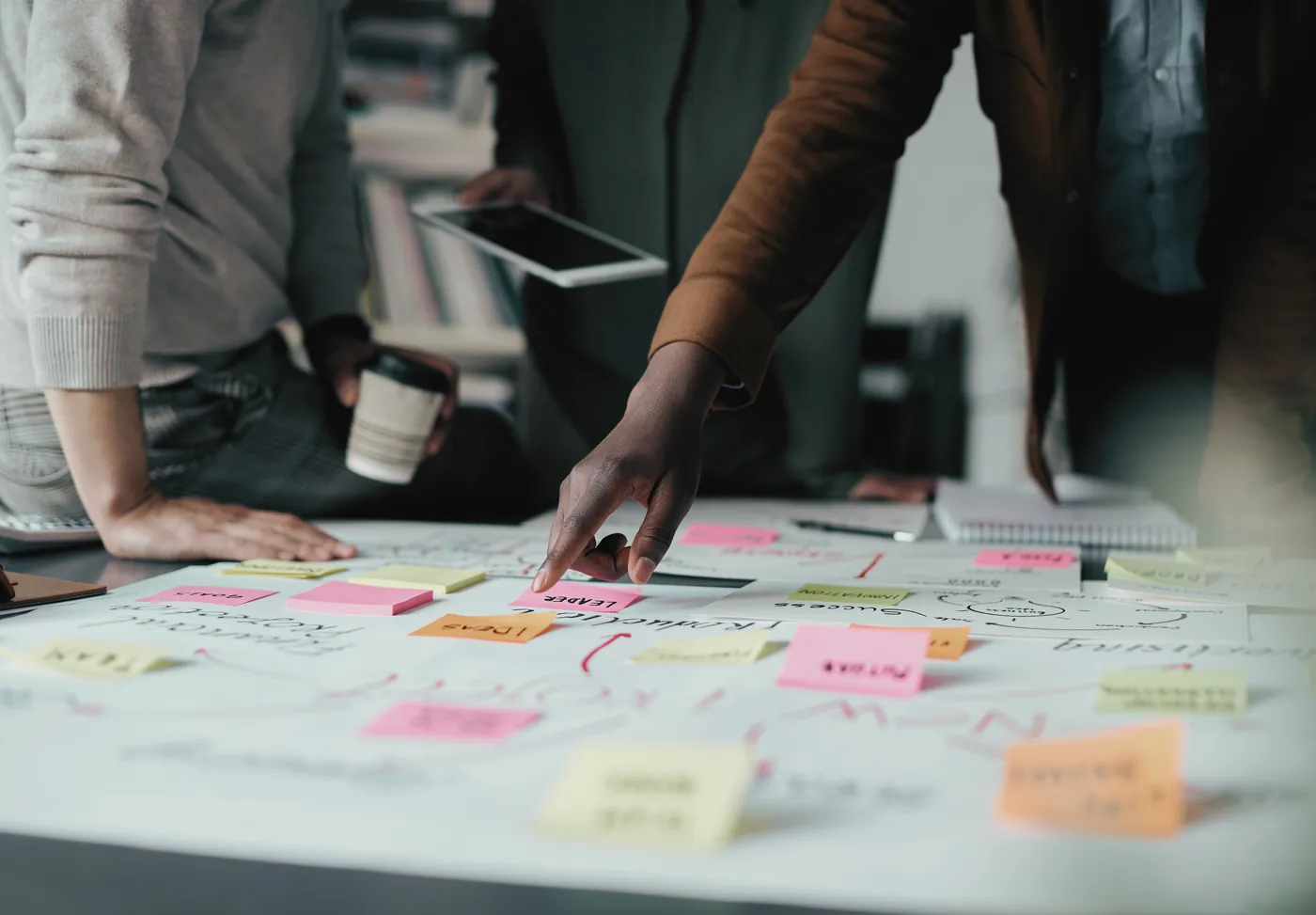 A team planning around a table covered in sticky notes and sketched user flows.