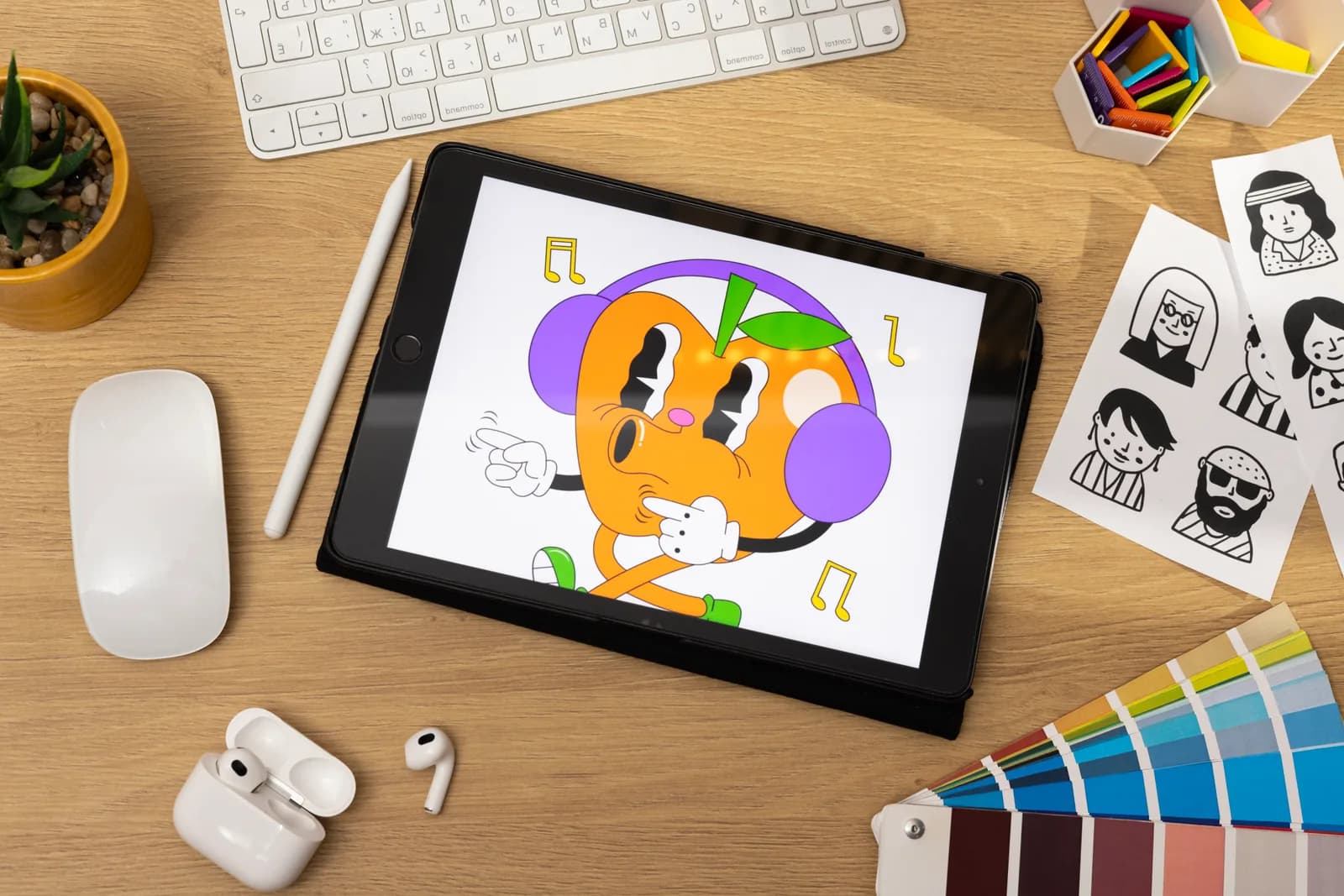 A tablet showing a colourful cartoon illustration, on a desk with a stylus, keyboard, character sketches and a colour swatch fan.