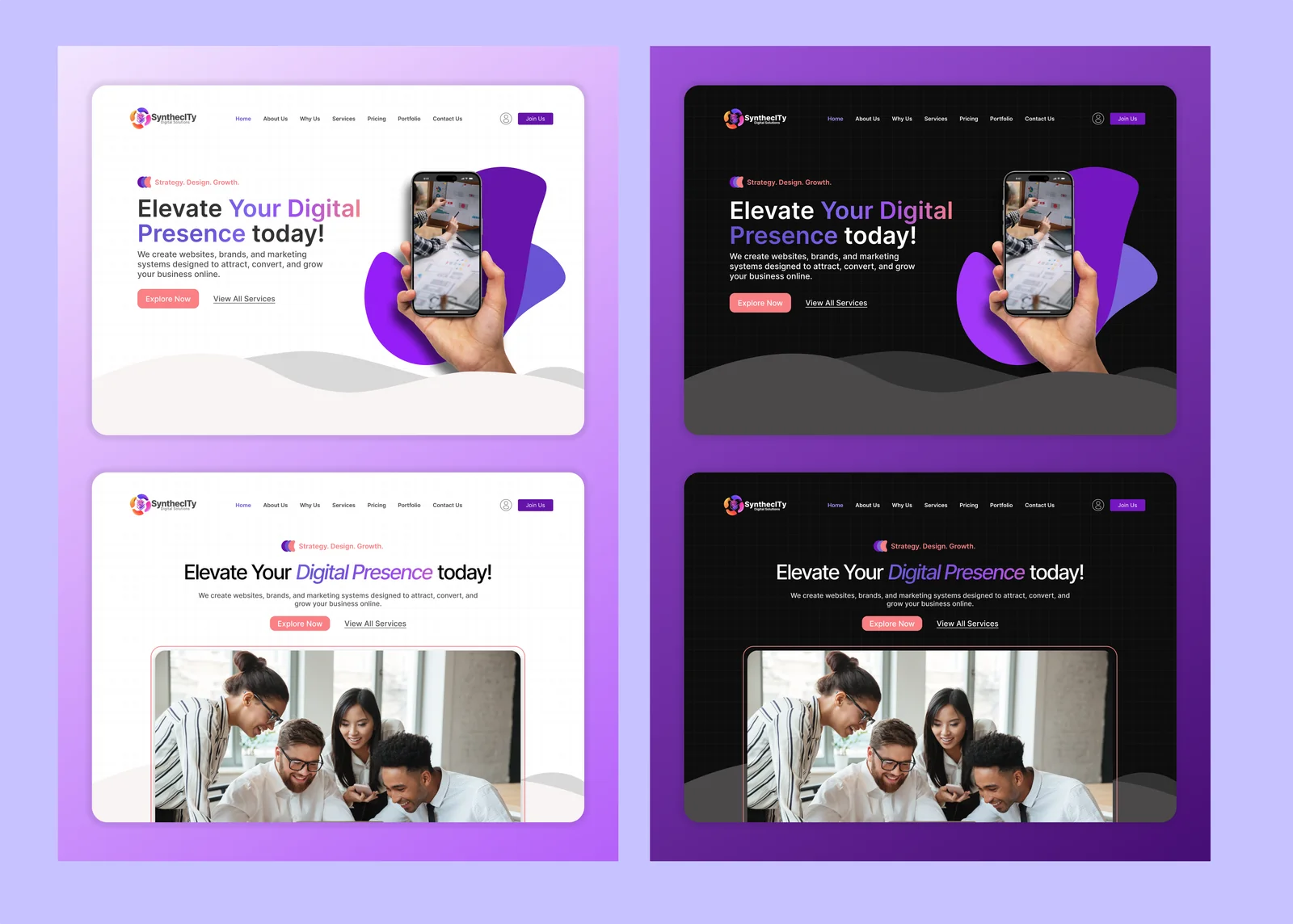 Four landing page designs for a digital agency, in light and dark versions, on a purple background.