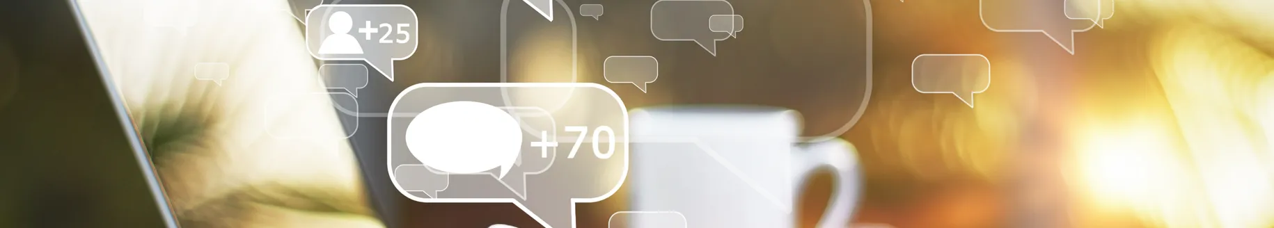 Social notification bubbles floating above a coffee cup.